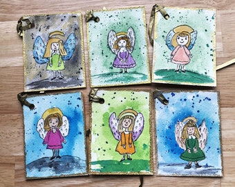 Litle Angels Gift Tags, Whimsical Gift Tags,  Original Watercolor Gift Tags, Hand Painted Gift Tags, Set Of 6 Gift Tags