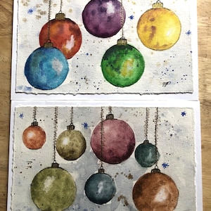 Lot de 2 cartes de voeux de Noël, cartes aquarelles pour les fêtes, carte d'ornements peints à la main, carte saisonnière colorée