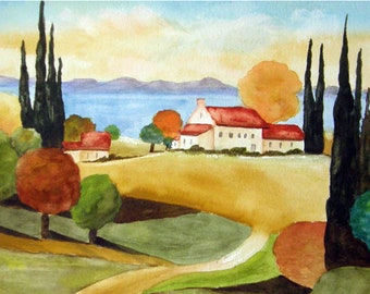 Toscaanse landschapskunstdruk – Aquarel Italiaans platteland
