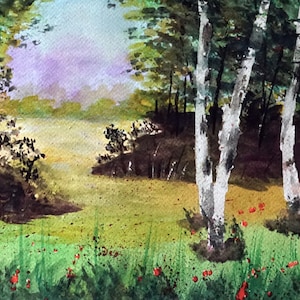 Abedules en el bosque, acuarela de bosque, pintura original de bosque. Arte mural.