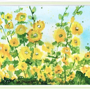 Jardin de roses trémières/carte de voeux aquarelle/carte peinte à la main/carte d'anniversaire,carte originale