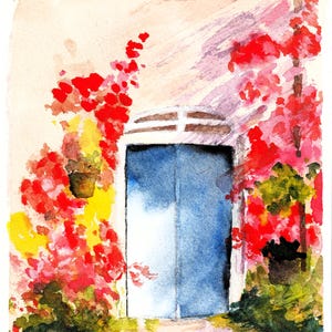 Carte de voeux porte bleue, carte de voeux aquarelle, fleurs rouges sur le mur, carte peinte originale, carte-cadeau d'anniversaire