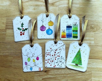 Christmas Gift Tags, Watercolor Original Gift Tags, Set Of 6 Hand Painted Tags