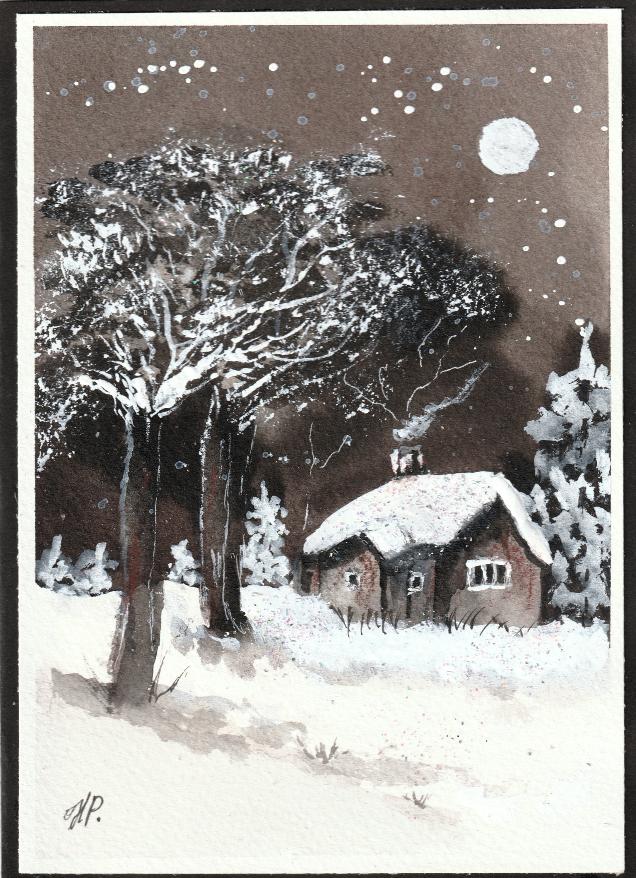 手描きの水彩画の冬の風景カード、月明かりと雪景色のグリーティング