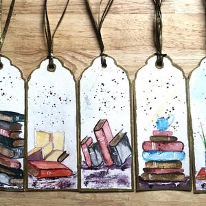Segnalibri acquerellati originali, segnalibri dipinti a mano, immagini di libri come regalo, set di 5 segnalibri