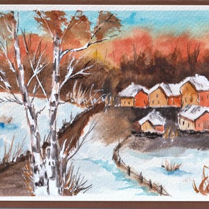 Winterdorf Grußkarte, Original Aquarell Karte, Handgemalte Grußkarte, Geschenk Kunst Karte