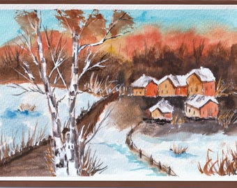 Watercolor Winter Village Greeting Card, Original Hand-Painted Art