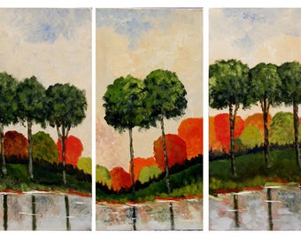 Tree Painting Triptych: Modern Acrylic Landscape on Canvas