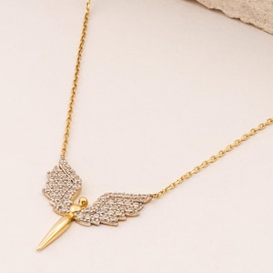 14K Solid Gold Angel Wing Necklace, Guardian Angel Necklace for Women, Spiritual Protection Necklace, Gift For Her, Gold CZ Necklace