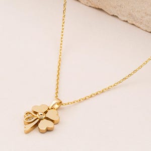 14K Solid Gold Four Leaf Clover Necklace With CZ, Lucky Charm, Shamrock Pendant, Good Luck Jewelry Gift for Her, Minimalist Gold Necklace