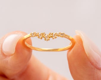 14K Solid Gold Diamond Band Ring, Minimalist Stacking Wedding Band
