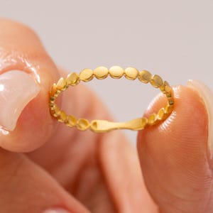 14K Solid Gold Dot Stacking Ring, Dainty Beaded Band, Minimalist Flat Gold Ring, Real Gold Everyday Stackable Jewelry, Gift for Her