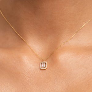 14K Solid Gold Baguette CZ Necklace, Emerald Cut Solitaire Necklace, Cubic Zircon with Gold, Square  Pendant,Gold CZ Solitaire Necklace