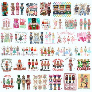 May include: A digital collection of Christmas-themed illustrations featuring nutcracker figures, ballerinas, decorated trees, and festive text like 'Nuts About Christmas', 'Nutcracker Squad', and 'Merry Christmas' in various colourful, artistic styles.