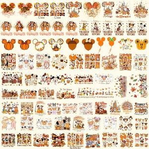 May include: A collection of digital graphic designs featuring various Disney characters, pumpkins, autumn leaves, and Thanksgiving-themed motifs. The illustrations include Mickey Mouse, Minnie Mouse, and other figures in fall colours like orange, brown, and gold.
