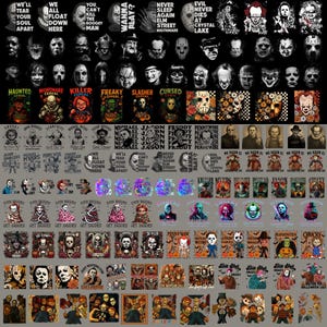 May include: A collection of graphic designs featuring various horror movie characters, including Pennywise, Jason Voorhees, Freddy Krueger, Michael Myers, and Chucky, presented in multiple artistic styles, colour palettes, and layouts on a dark background.