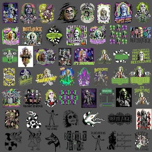 May include: A collection of Beetlejuice themed graphic designs featuring various illustrations of the character, snakes, and text such as It's Showtime, Never Trust the Living, and I Myself Am Strange and Unusual in vibrant green, purple, and black.