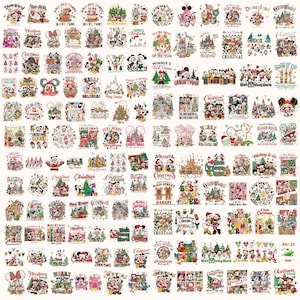 Puede incluir: Una colección de numerosos diseños gráficos coloridos con personajes de Disney como Mickey y Minnie Mouse en varios entornos navideños, incluyendo castillos, decoraciones festivas y textos como Merry Christmas y Disneyland.