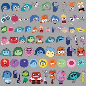 Può includere: Una collezione di volti di personaggi dei cartoni animati colorati e figure a figura intera dal film Inside Out, con varie espressioni ed emozioni in tonalità blu, rosso, verde, giallo, arancione e viola, disposte su uno sfondo grigio.