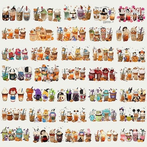 May include: A digital collection of numerous illustrated coffee cups and tumblers featuring various cartoon characters, seasonal autumn themes, pumpkins, and whipped cream toppings, arranged in a grid pattern on a light background.