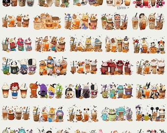 May include: A digital collection of numerous illustrated coffee cups and tumblers featuring various cartoon characters, seasonal autumn themes, pumpkins, and whipped cream toppings, arranged in a grid pattern on a light background.