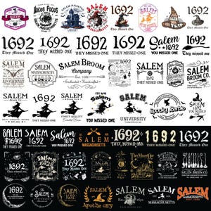 May include: A collection of graphic designs featuring Salem, Massachusetts, and 1692 themes. The images include silhouettes of witches on broomsticks, apothecary labels, haunted houses, and text such as They Missed One, Salem Broom Co, and Spooky Barbie.