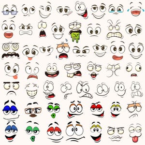 Paquete de imágenes PNG de expresiones faciales de dibujos animados, imágenes prediseñadas de emojis divertidos, expresiones faciales cómicas adorables, descarga digital, PNG para sublimación, diseño de pegatinas