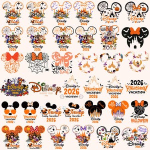 May include: A collection of digital graphic designs featuring Mickey Mouse ears, Disney castle silhouettes, pumpkins, spider webs, and bats. The graphics include text such as Disney 2026, Halloween Vacation, and Trick or Treat in orange, black, and white.