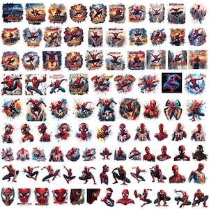 May include: A collection of numerous Spider-Man graphic illustrations featuring the character in various dynamic poses, action stances, and close-up portraits, utilizing a vibrant red and blue color palette with watercolor-style splashes.