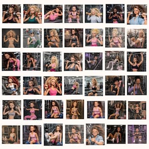 Pode incluir: Uma coleção de quarenta e duas imagens individuais apresentando bonecas com várias cores e estilos de cabelo, cada uma vestida com roupas esportivas e posando enquanto realiza diversos exercícios de ginástica, incluindo levantamento de peso, agachamentos e uso de vários equipamentos de fitness.