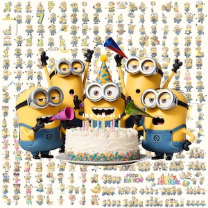 Peut inclure: Une collection de personnages Minions jaunes en salopette bleue, avec plusieurs figurines portant des chapeaux de fête et tenant des cornes autour d'un gâteau d'anniversaire blanc givré avec des bougies allumées, sur un fond de petits autocollants.