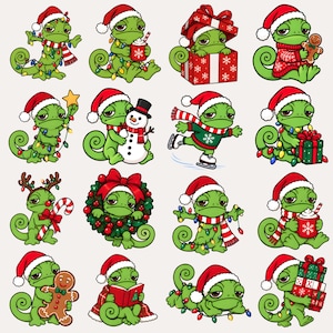 Puede incluir: Una colección de dieciséis ilustraciones de dibujos animados que muestran a un camaleón verde en varios escenarios navideños, incluyendo el uso de gorros de Papá Noel, envuelto en luces de colores, sosteniendo galletas, regalos y tazas.