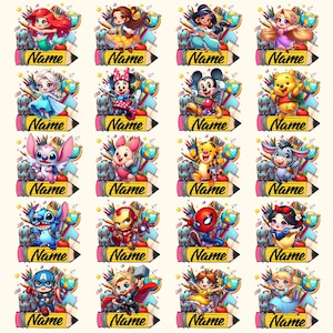 May include: A collection of twenty individual stickers featuring various cartoon characters, each positioned above a yellow pencil graphic with the word Name printed in black script. The designs include school supplies like globes, books, and backpacks.