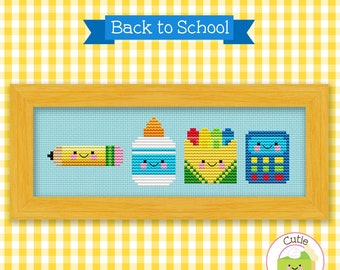 PDF Pattern - Back to School Kawaii Cross Stitch Pattern, Kawaii Pencil Cross Stitch Pattern, Kawaii Crayons, Glue, Calculator Cross Stitch