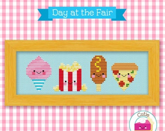 PDF Pattern - Day at the Fair Kawaii Cross Stitch Pattern, Kawaii Pizza Cross Stitch Pattern, Kawaii Popcorn, Cotton Candy Cross Stitch