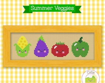 PDF Pattern - Summer Veggies Kawaii Cross Stitch Pattern, Kawaii Vegetables Cross Stitch Pattern, Kawaii Tomato Cross Stitch Sampler
