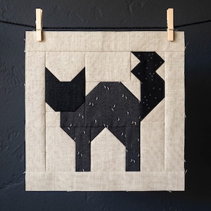May include: A square fabric block featuring a geometric black cat design. The cat is pieced together with various black fabrics, some with small white accents. The block is framed in a neutral beige fabric and is suspended by a clothesline and wooden clothespins.