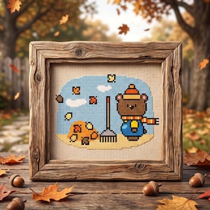May include: A cross-stitch embroidery in a rustic wooden frame featuring a brown bear wearing a hat and scarf, standing next to a rake and a pile of autumn leaves against a light blue background with scattered orange and brown leaf motifs.