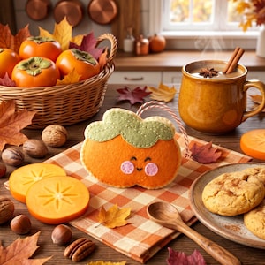 May include: A felt ornament shaped like a smiling persimmon with a green stem and pink cheeks, featuring a red and white string loop. It sits on a checkered napkin surrounded by fresh persimmons, walnuts, cookies, and a mug of warm drink.