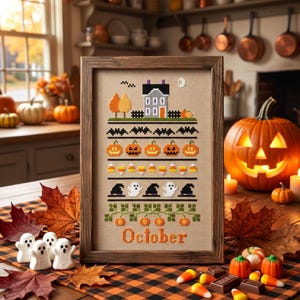 October Sampler Cross Stitch Pattern - country cottage, Halloween, candy corn, ghosts, witches, bats, spooky (PDF Pattern)