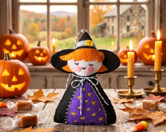 Patroon voor het kleine heksje van vilt – Salem, griezelig, Halloweenboom, oktoberversiering (PDF-patroon)