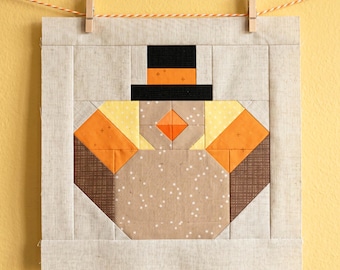 Dapper Turkey Quilt Block Pattern – 6, 12-inch Sizes Thanksgiving harvest Pilgrim (PDF Pattern)