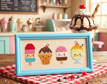 Frosty Treats 1 Minis Cross Stitch Pattern – Ice cream, popsicle, cone, sundae summer dessert (PDF Pattern)