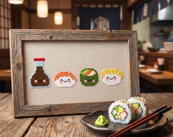 Sushi Bar Minis Cross Stitch Pattern – salmon roll, California, wasabi, Japanese food (PDF Pattern)