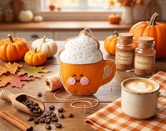 Pumpkin Spice Latte Feltie Pattern - Trellis & Thyme cozy country Thanksgiving, fall, harvest ornament kid's felt craft (PDF Pattern)