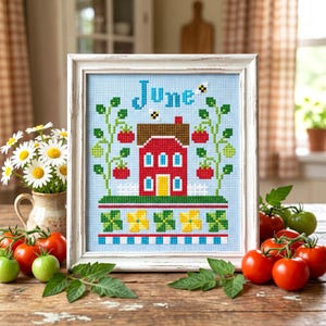 June Calendar Cottage Cross Stitch Pattern – Folk Art Garden Summer (PDF Pattern)