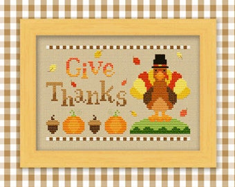 PDF Pattern - Give Thanks Cross Stitch Pattern, Kawaii Thanksgiving Cross Stitch Pattern, Kawaii Turkey Cross Stitch