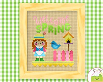 PDF Pattern - Welcome Spring Kawaii Cross Stitch Pattern, Kawaii Garden Cross Stitch Pattern, Spring Bird Cross Stitch Pattern