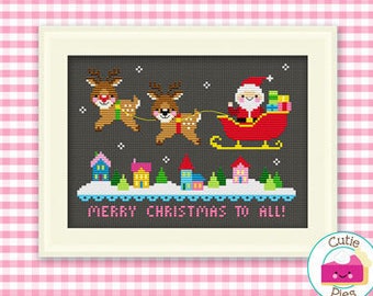 PDF Pattern - Merry Christmas To All Cross Stitch Pattern, Kawaii Christmas Cross Stitch Pattern, Kawaii Santa Cross Stitch