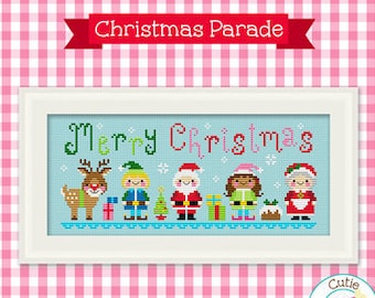 PDF Pattern - Christmas Parade Cross Stitch Pattern, Kawaii Christmas Cross Stitch Pattern, Kawaii Santa Cross Stitch